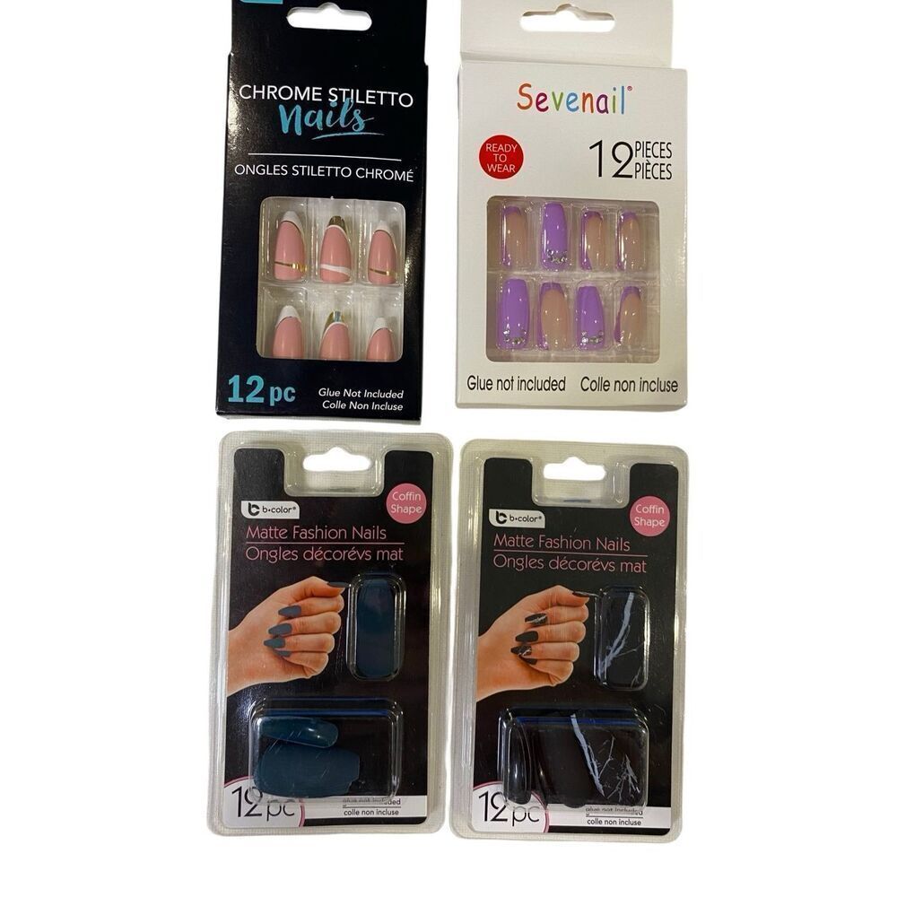Lot Of 4 Press On Nails Coffin Chrome Stiletto Matte Fashion Artificial Nail Set